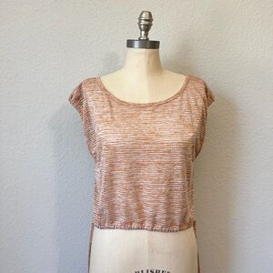 FREE PEOPLE MOVEMENT Striped Short Sleeve Top w Back Keyhole in Tan